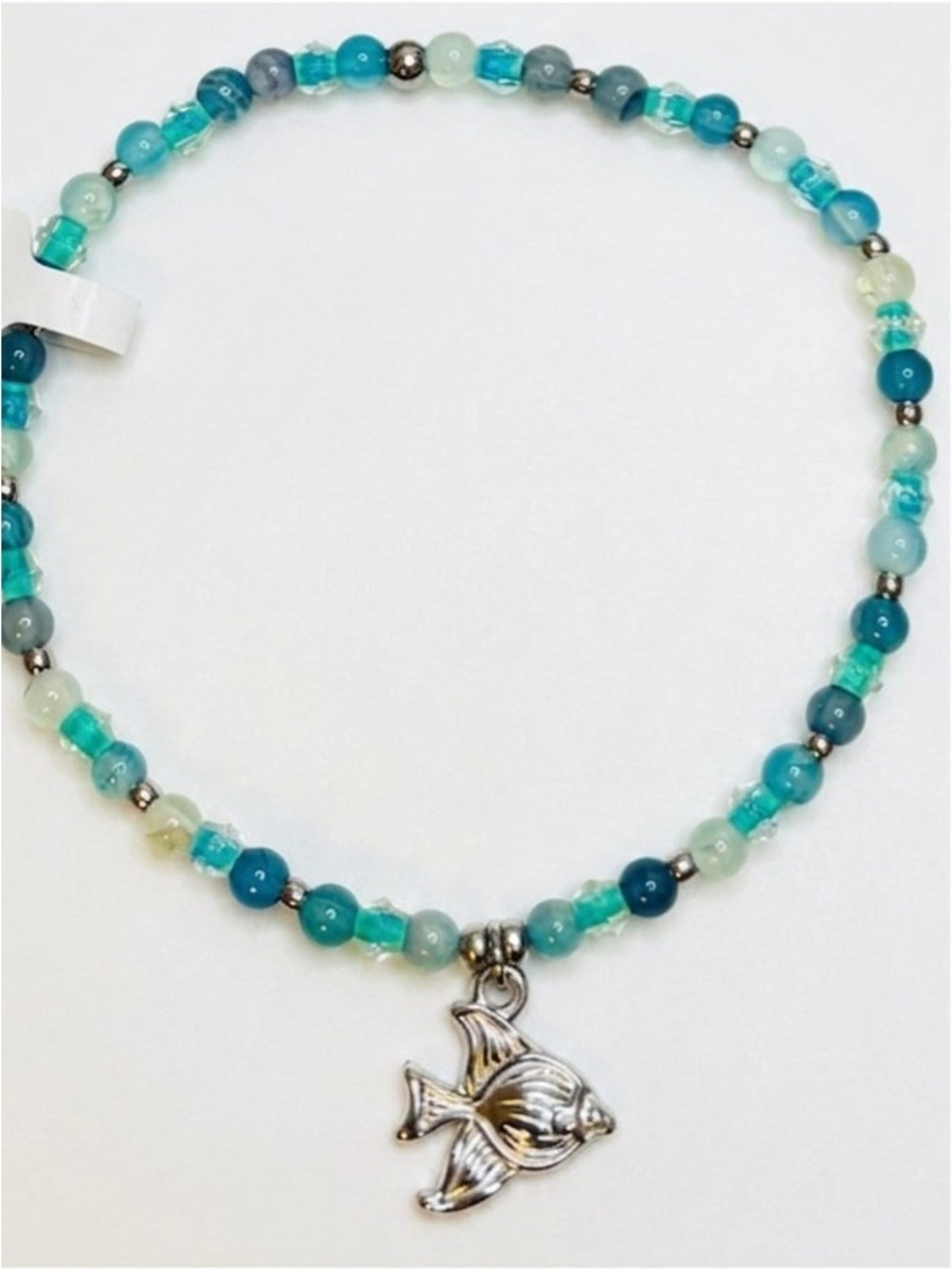 *ANKLET* S. Steel Silver Cute Fish with Agate Stone & Crystal Stretchy Anklet